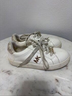 Michael Kors White & Taupe Kids Sneakers with Gold MK Accent